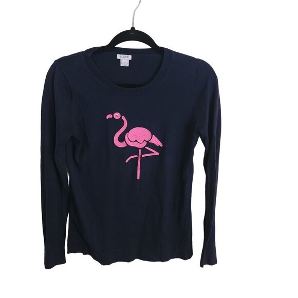 J.Crew Teddie Sweater Navy Hot Pink Embroidered Flamingo Size XS - Picture 2 of 6
